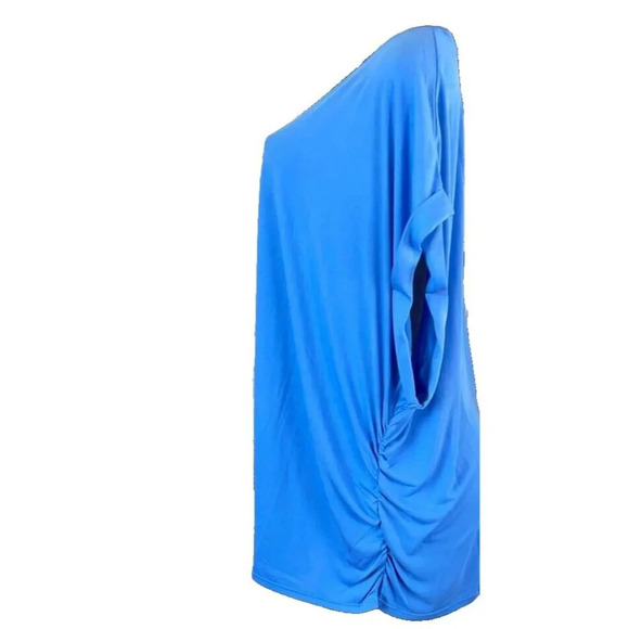 Industry Republic Clothing 3X Blue Ruched Side Crew Neck Cuff Short Sleeve Top - Picture 3 of 6